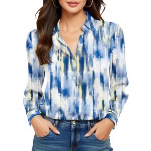 Non-Iron & Wrinkle-Free Womens Button Down Shirts with Mulberry Silk Long Sleeve Blouse Casual Work Tops (X-Small, S04 Striped 11)
