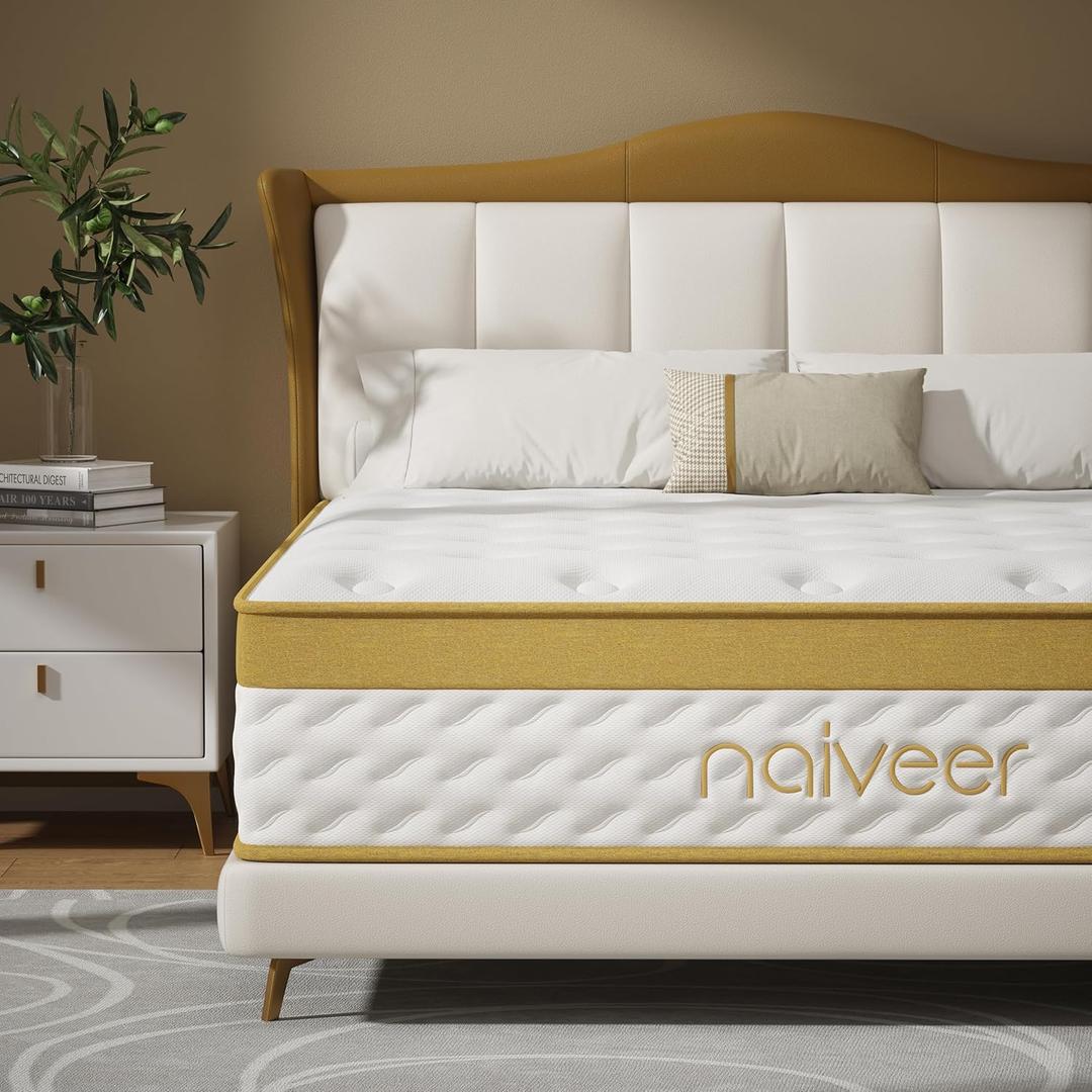 Naiveer Cooling Gel Memory Foam Hybrid Mattress, 12 Inch Queen Size Mattress in A Box with Pocket Springs for Back Pain & Pressure Relief, Medium Firm Feeling with CertiPUR-US Certified Foam