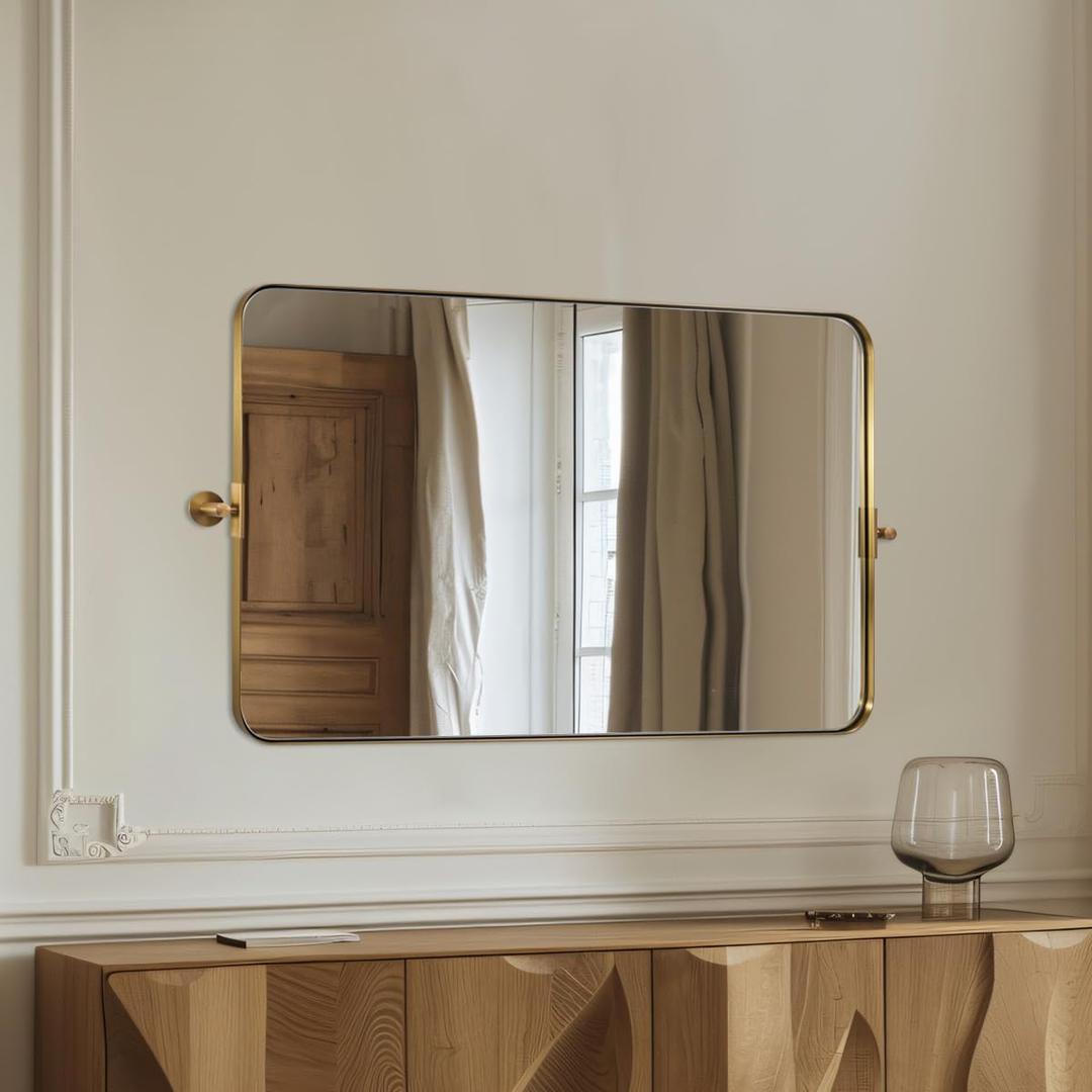 MOON MIRROR 30" x 22" Brushed Gold Rectangle Bathroom Mirror, Tilting Rounded Rectangular Metal Framed Pivot Wall Mirror, Hangs Horizontally Only(Overall 33.75" x 22")