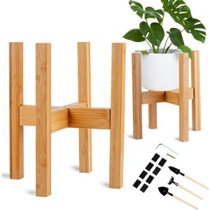 Adjustable Bamboo Plant Stand for Indoor Plants, Holder Rack Fits 8"-12" Pots for Living Room, Bedroom, Corner - Space Saving Shelf (Pot & Plant Not Included)(Primary Color)