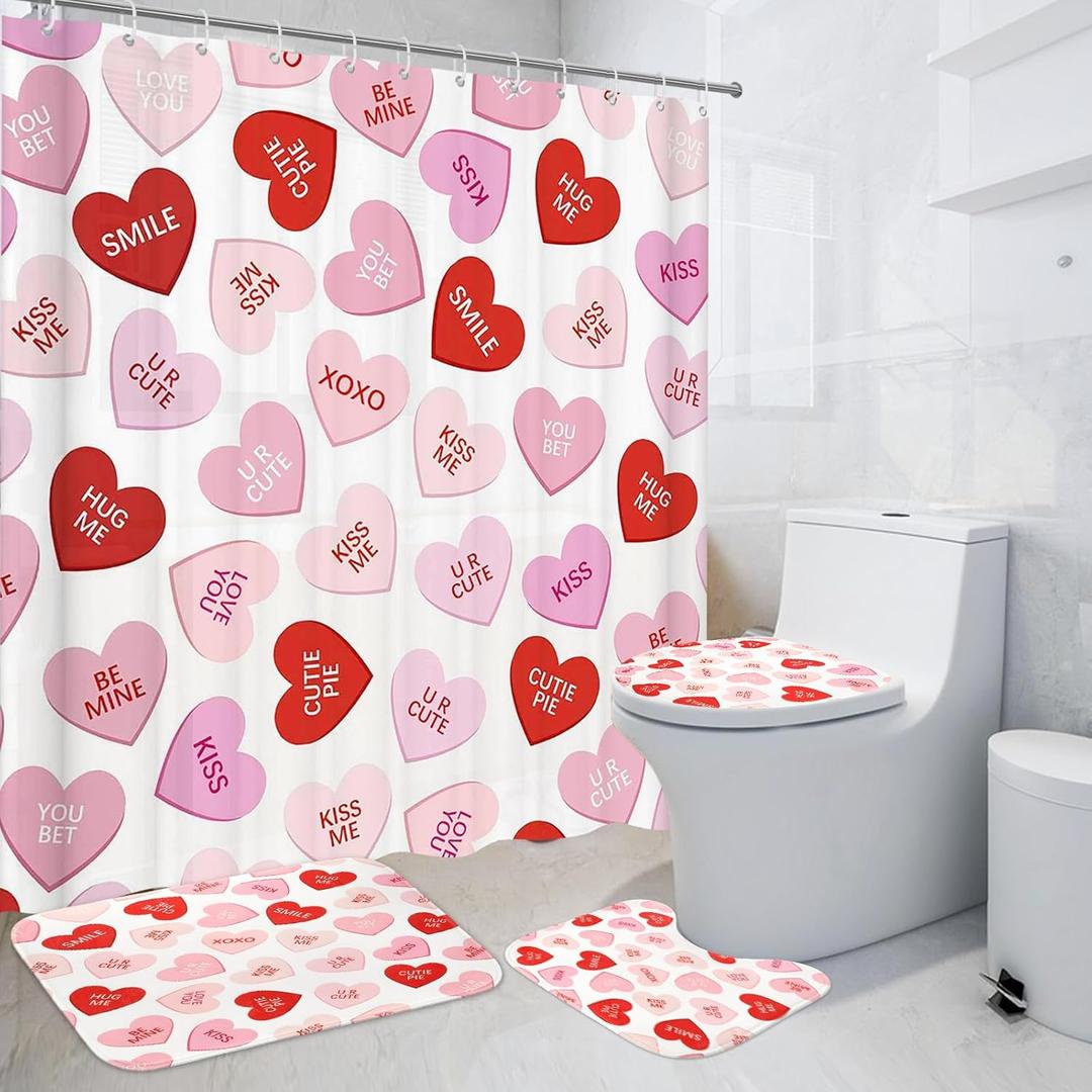 4Pcs Valentines Shower Curtain Set for Bathroom, Pink Red Heart Valentines Bathroom Sets Sweet Heart Decor Set with 12 Hooks Include Non Slip Rugs, Toilet Lid Cover, Bath Mat, Shower Curtain