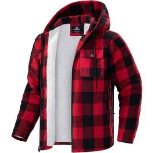 G Gradual Men's Flannel Jacket Fleece Sherpa Lined Hoodies Zip Up Plaid Shirt Warm Winter Jackets for Men with Zipper Pockets (Red, M)