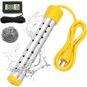 1500W Immersion Water Heater with Digital LCD Thermometer & Stainless Steel Guard - Fast Heating for Bathtub, Travel Camping Mini Pool, Bucket | Safe & Portable Heat 5 Gallons of Water in Minutes (Yellow)