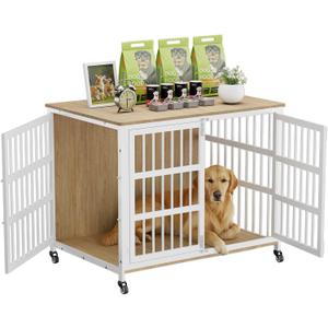 42" Furniture Style Large Dog Crate with Wheels, Metal Chew-Resistant Dog Kennel Indoor for Large & Medium Dogs, 41.9" W x 28.3" D x 31.7" H, Decorate House as TV Stand, End Table Natural and White