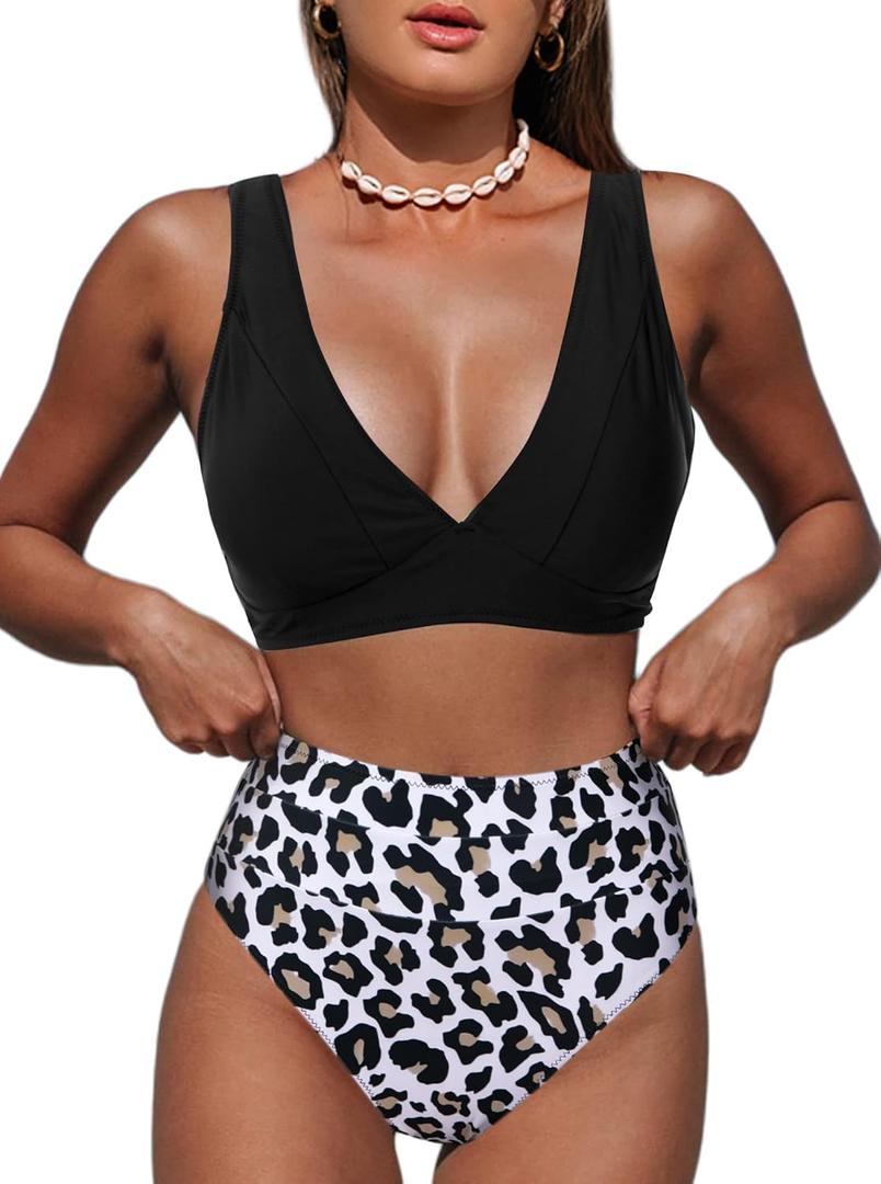 Hilinker Women's Leopard Bikini Swimsuits V Neck High Waisted 2 Piece Bathing Suits (Medium)