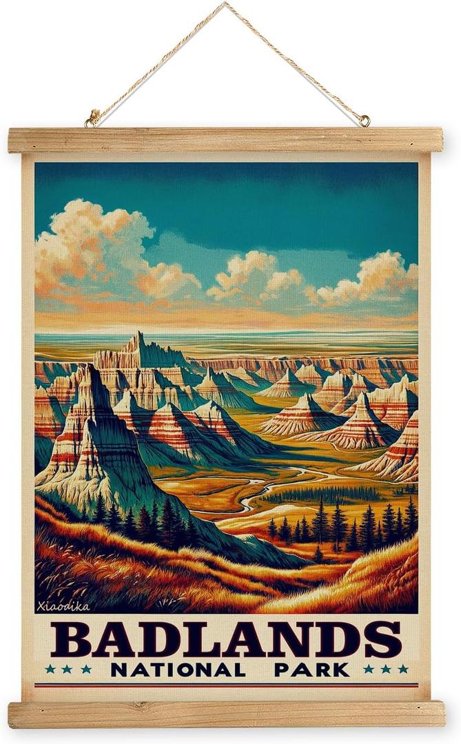 XIAOAIKA Vintage Badlands National Park Travel Poster with Wooden Scroll Frame – Holiday Decoration or Gift for Living Room, Bedroom, Office Wall Decor, Retro Art Print 20 x 30 Inches