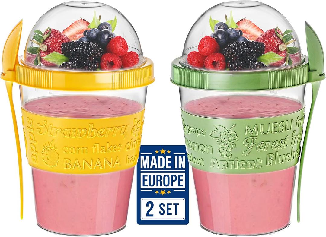 Yogurt Parfait Cups for Breakfast, Oatmeal or Fruit Container, Snack Bowl and Spoon for Lunch Box, Portable & Reusable, 2 PCs (Green & Yellow)