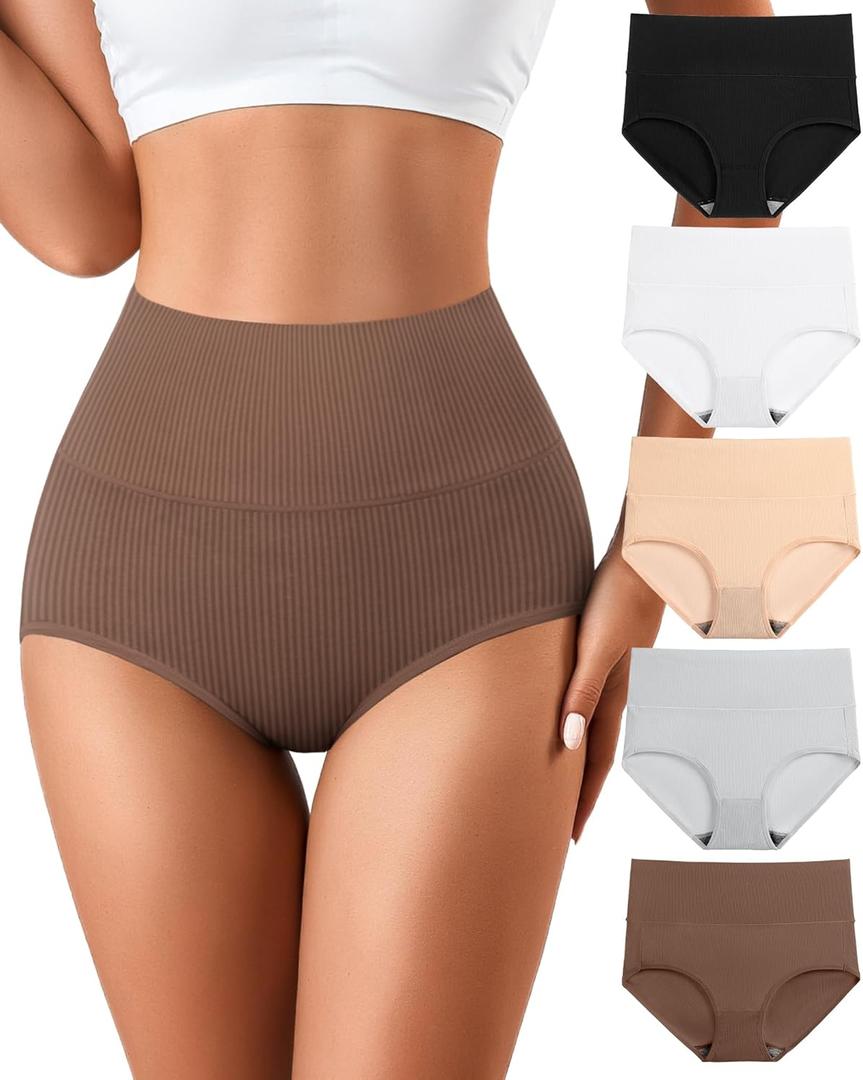 J-pone Womens Underwear Cotton High Waisted Strech Soft Full Coverage Briefs Ladies Postpartum Panties 5 Pack (Medium-Large)