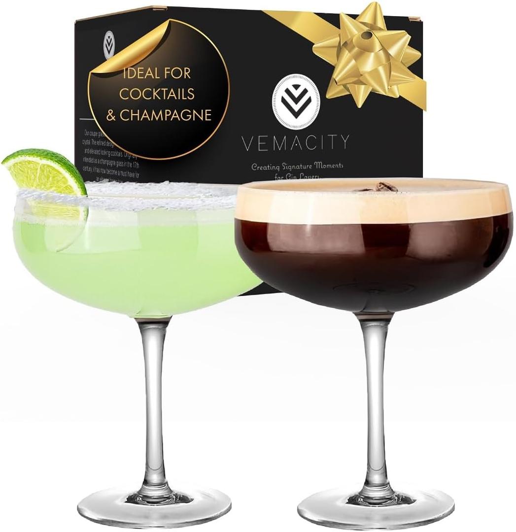 VEMACITY - Elegant Handblown Coupe Cocktail Glasses Set of 2 (10oz) - Crystal Espresso Martini Glasses, Champagne Saucers - Vintage Glassware | Wedding Gift | Ideal for Martinis and Margaritas