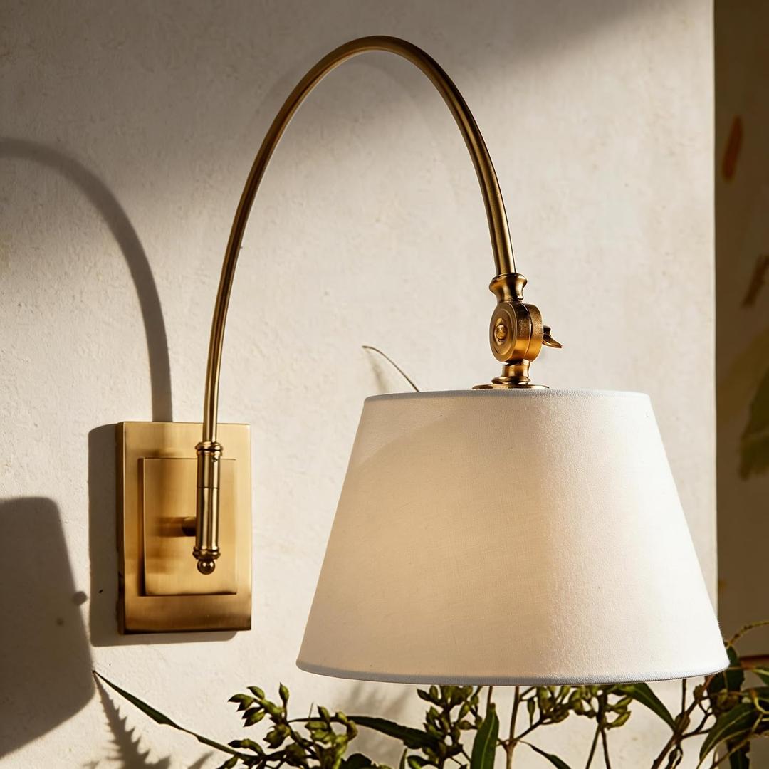 Linen Single Wall Sconce with Brass Finish Pole Swing Arm Wall Lamp, Classic Adjustable Reading Light with Fabric Shade for Bedroom Living Room, for Elegant Home Lighting,5.5" L x 1" W x 7.75" H