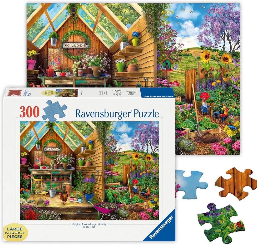 Ravensburger - Gardener's Getaway - 300 Piece Large Format Jigsaw Puzzle - Bright and Vivid Gardener's Dream with Gnomes & More - Frameable - Premium Quality - Puzzles for Adults