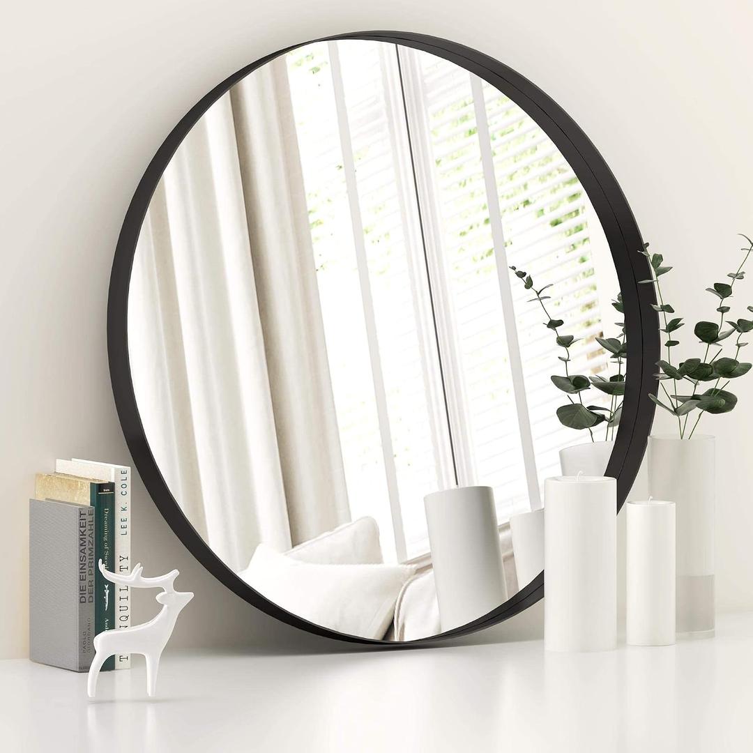 LYYYXGYP Black Round Wall Mirror for Bathroom 24x24 Inches Stainless Steel Metal Frame Mirror for Wall Hanging Wall Mounted Mirror