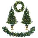 9 ft. Pre-Lit Christmas Decoration Set Artificial Christmas Garland Wreath and Entrance Trees (4-Pieces)