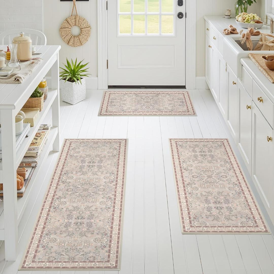 GRANNY SAYS Boho Kitchen Rug Sets of 3, Non Slip Washable Faux Wool Kitchen Mats for Floor, Thick Soft Anti-Fatigue Comfort Standing Mat Runner Rugs for Hallway Laundry Room, Boho Red 1'8" x 4'11" (20" x 59" + 20" x 48" + 20" x 32")