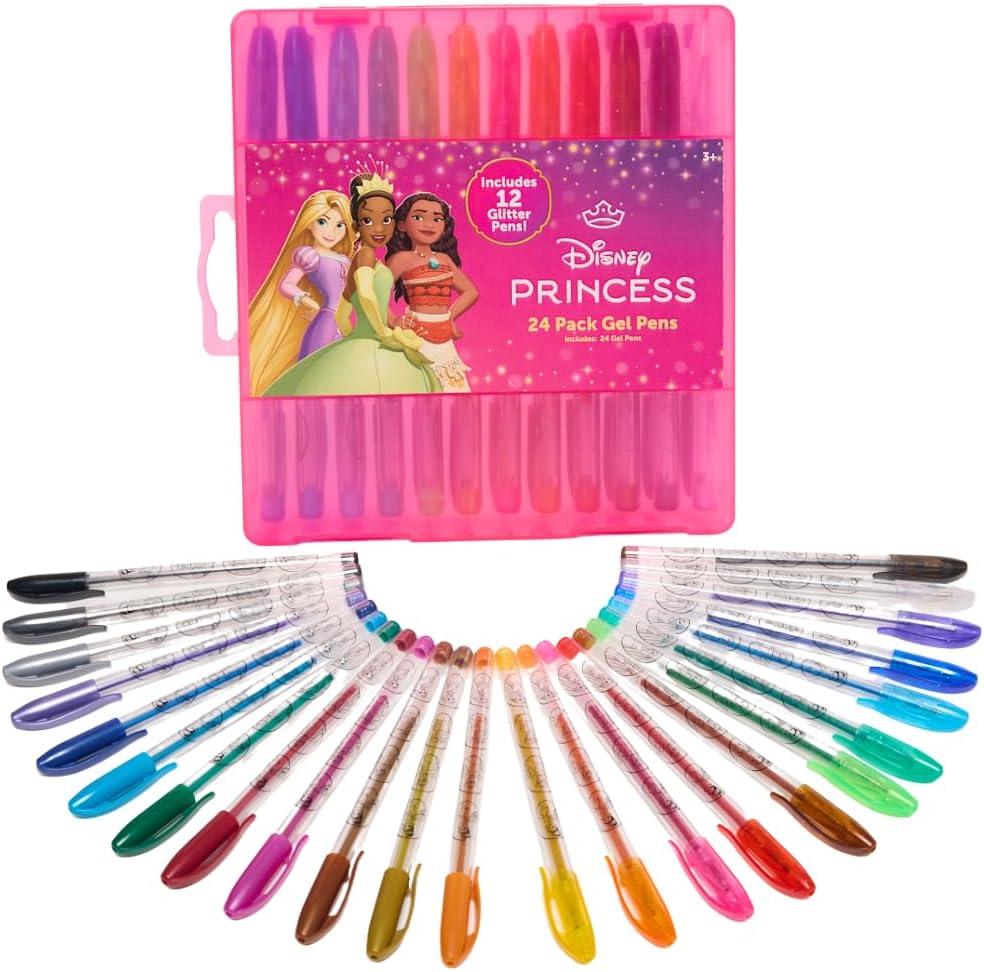 Disney Princess Gel Pens Set for Kids, 24 Pack with Glitter Gel Pens, Cute Pens for Girls Cinderella, Rapunzel, Ariel, and Tiana