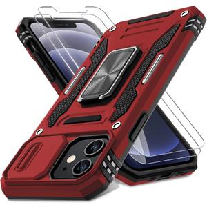DEERLAMN Case for iPhone 12/12 Pro with Slide Camera Cover+Screen Protector(2 Packs),Rotated Ring Kickstand Military Grade Shockproof Protective Cover-Red