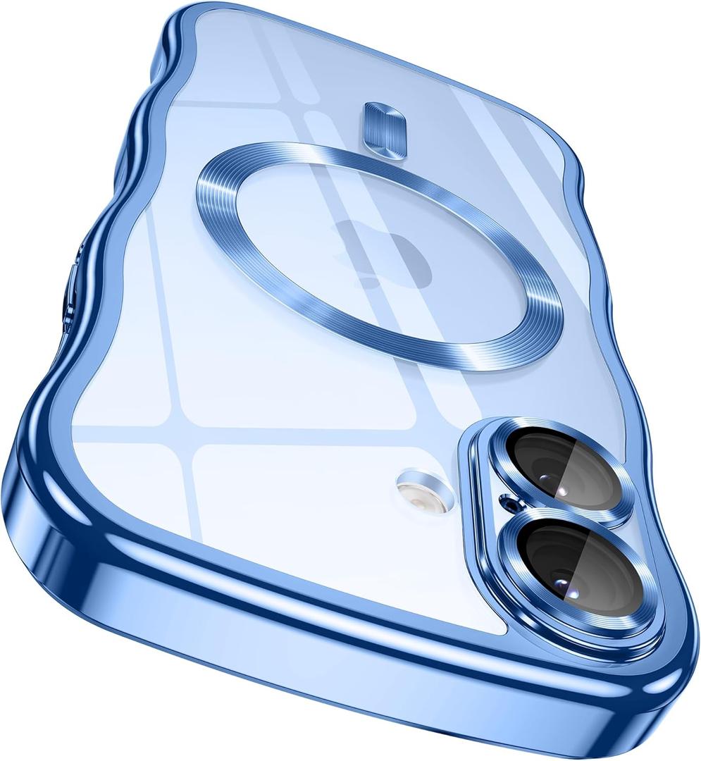 GVIEWIN for iPhone 17 Case [Compatible with MagSafe][Upgraded Full Camera Protection][Cute Wave Frame] Glossy Slim Shockproof Protective Magnetic Phone Case for iPhone 17 6.3'', Clear/Light Blue