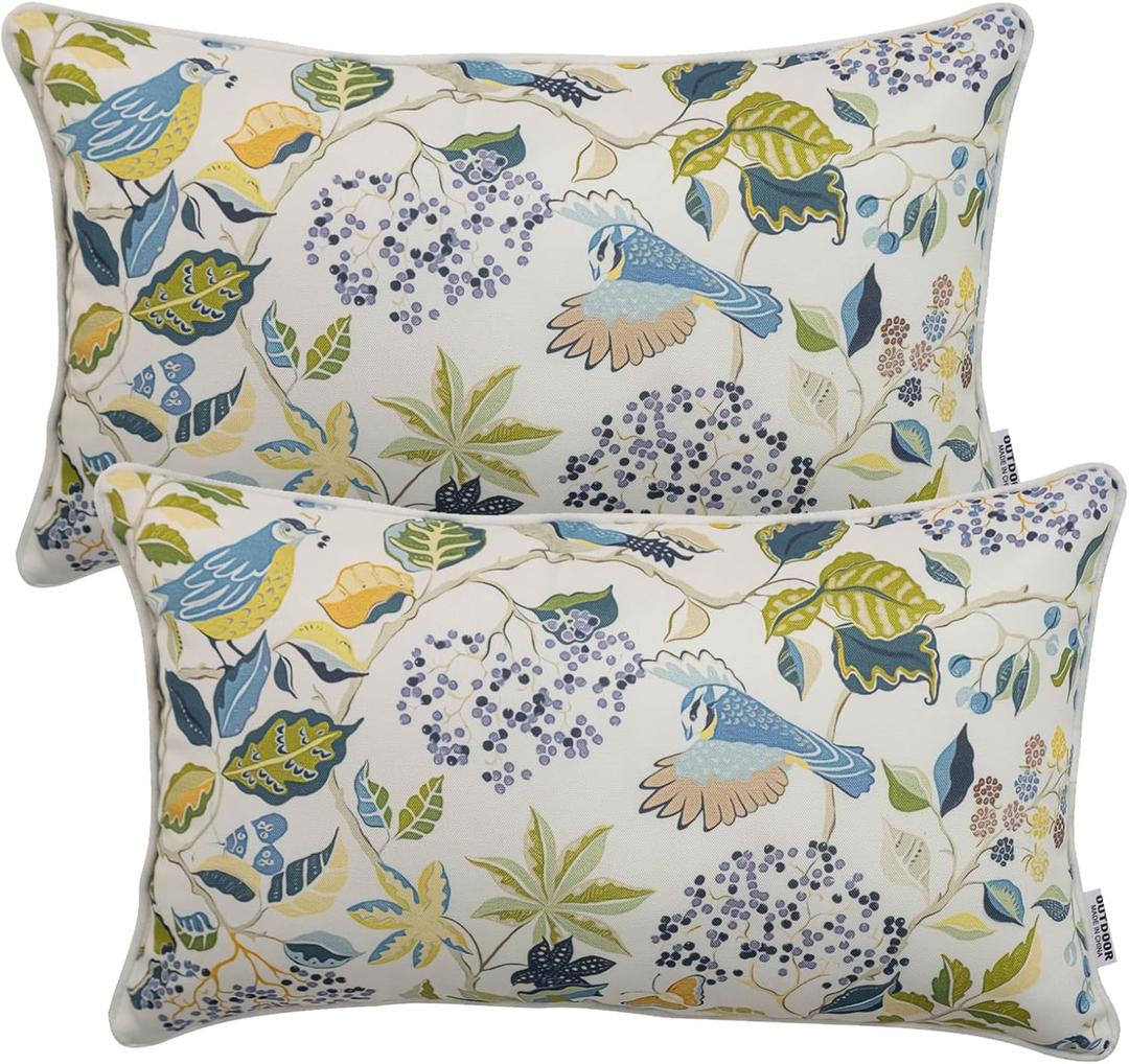 Pack of 2 Patio Lumbar Pillows, 12"x20" Fade Resistant Outdoor Waterproof Lumbar Pillow with Inners, Decorative Garden Lumbar Cushions for Home Patio Terrace Sofa Use (Lucky Bird)