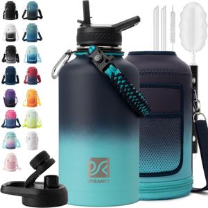 DYSANKY Insulated Water Bottle | Thickened Stainless Steel Vacuum Metal | Portable Sports Half Gallon Large Water Jug for Gym and Hiking with Straw, Carrier Bag, Handle Strap | BPA-Free 64 oz (Black-Cyan)