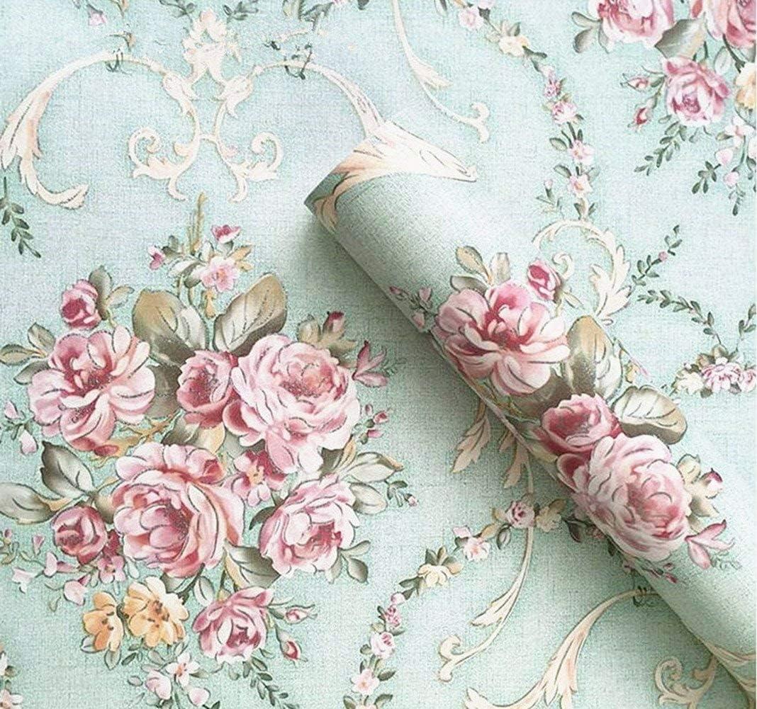 Vintage Floral Self Adhesive Wall Paper Shelf Liner Funitures Dresser Drawer Cabinet Decor Paper (Green, 17.7inchX196inch(16.4Ft))