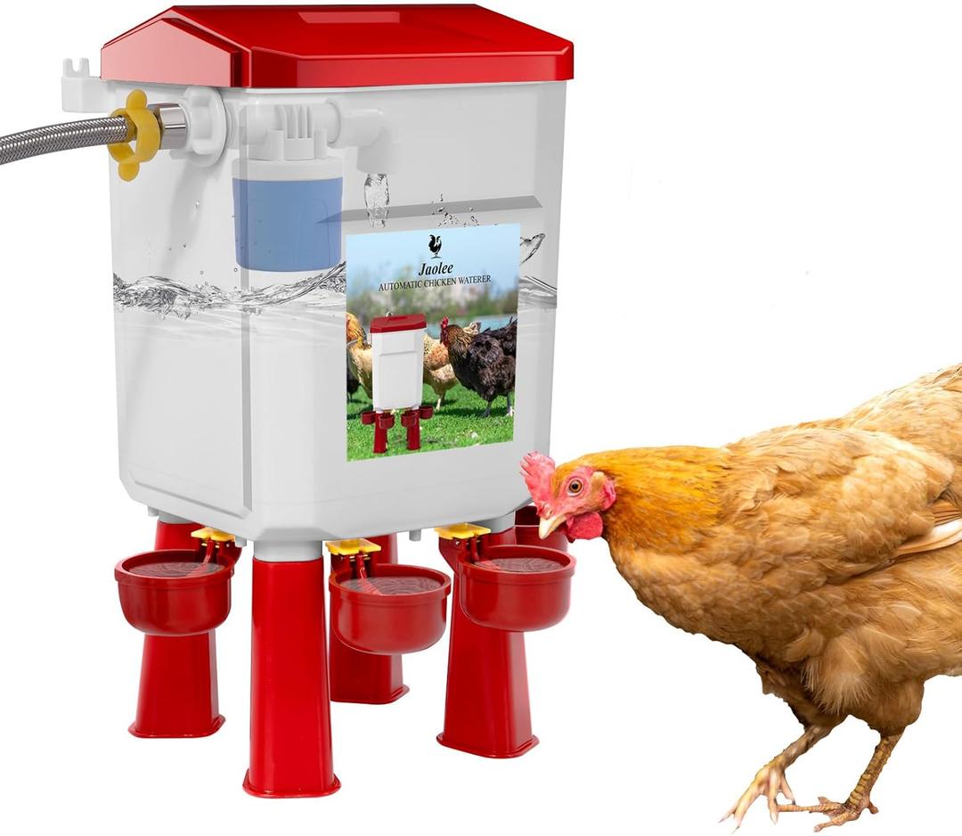 Automatic Chicken Waterer, Float-Controlled Chicken Water Feeder, Large Watering System with 60 Inch Water Hose (One End 3/4''), Poultry Waterer for Duck Quail Turkey Chick (2 Gallons, Red)