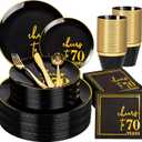 U-QE 20 Guests Black Plastic Birthday Plates - Include 70th Birthday Plates and Napkins, Gold Silverware, Gold Plastic Cups - Back in 1955 Party Plates for Men Women Cheers to 70 Years