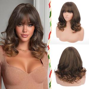 Wig with Bangs for Women | 16 Inch Layered Body Wave Synthetic Wig | Heat Resistant Yaki Fiber Natural Looking Shoulder Length Wigs | Synthetic Wig for Daily Wear - Auburn Mix Dark Brown
