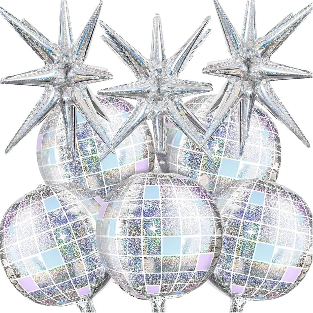 OuMuaMua Disco Ball Balloons for 70s 80s Disco Party Decorations, 22 Inch Large 4D Iridescent Disco Metallic Balloons with Stars for Disco Themed Party, Birthday New Year Bachelorette Decor, 8pcs