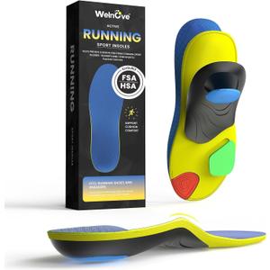Welnove Running Insoles - Performance Arch Support Inserts for Men & Women, Help Reduce Fatigue, Prevent Injuries & Relieve Heel Pain. Extra Shock Absorption, Blue (M:W 9-10 / M 7-8)