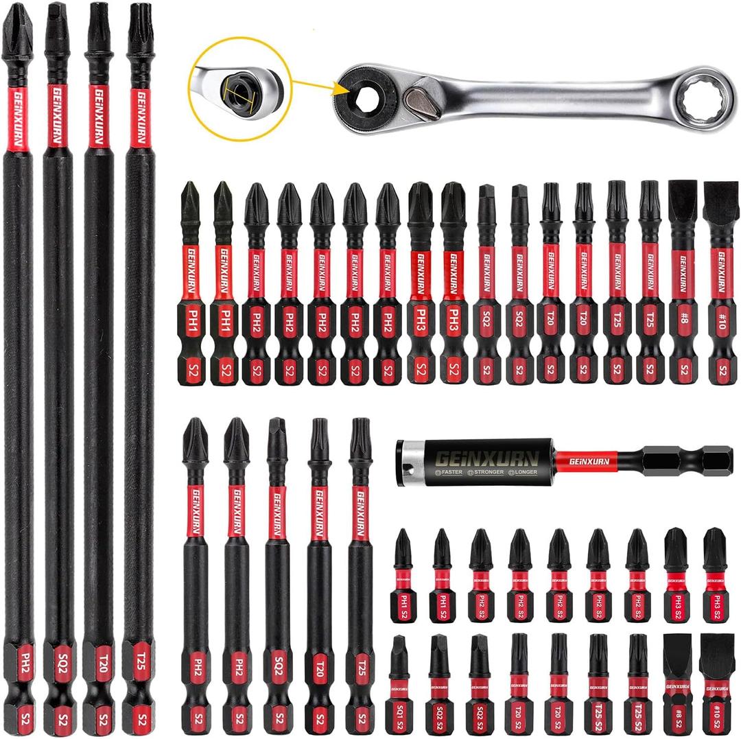 GEINXURN Impact Tough Magnetic Mixed 46Pack Insert Driver Bits, S2 Alloy Steel Screwdriver Power Bits Set with 1Pcs Impact Magnetic Bit Holder and Mini Wrench