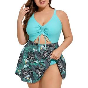 Summer Mae Women's Plus Size One Piece Swim Dress Floral Cutout Swimsuits V-Neck Bathing Suit with Skirt 18W