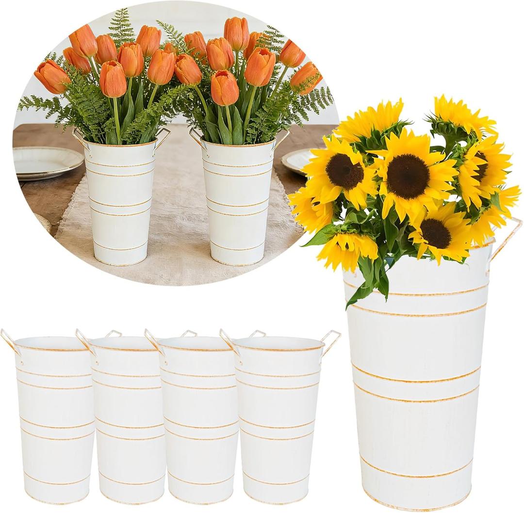 10" Tall Flower Buckets Metal Vase - Pack of 5 Rustic Farmhouse Centerpiece Vases for Table with Handles, Wedding Home Table Decor, Farmhouse White Flower Bar Bucket Holder