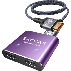 HDMI Splitter 1 in 2 Out, ZACCAS Aluminum 4K HDMI Splitter for Dual Monitors, 1x2 HDMI Display Duplicate/Mirror Screens, Full HD 1080P 3D【with 3.3Ft HDMI Cable】