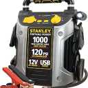 STANLEY J5C09 Portable Power Station Jump Starter 1000 Peak Amp Battery Booster, 120 PSI Air Compressor, USB Port, Battery Clamps
