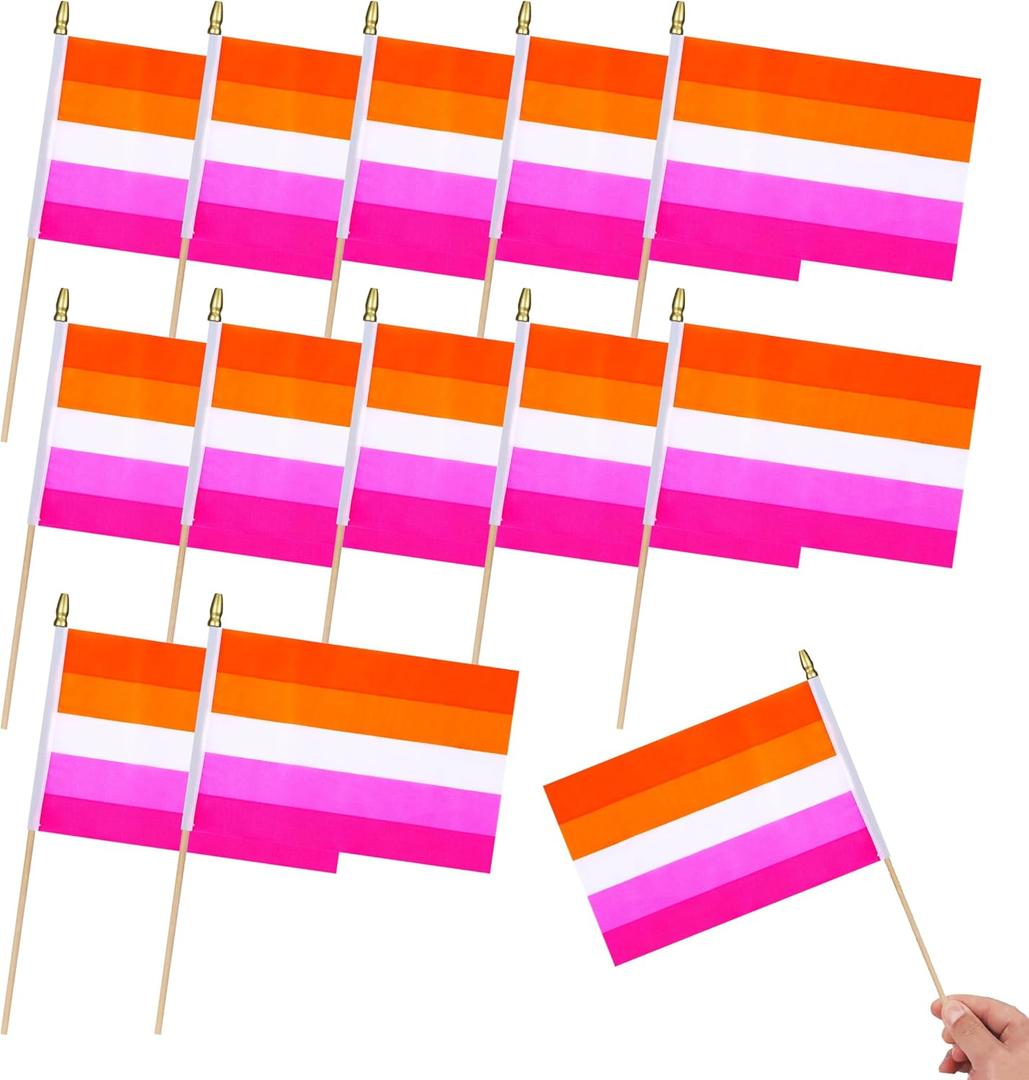 2 x 12Pcs Small Sunset Lesbian Pride Stick Flags on Wooden Stick Mini LGBT Gay Flag Hand Held Flag Decorations,5x8 Inch