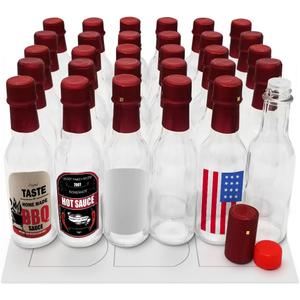 5oz Hot Sauce Bottles, Empty Clear Glass Woozy Bottles with Shrink Capsules, Small Wine Bottle with Shirnk Bands, Canning Bottle Cap Orifice Reducer Self-Printable Labels Free Design Template (30 RED)