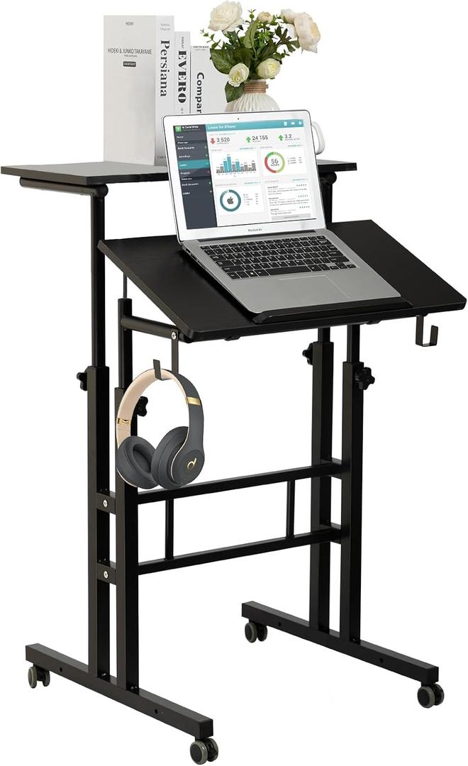 SIDUCAL Mobile Standing Desk, Portable Stand Up, Small Adjustable Converter with Wheels Home Office Workstation, Rolling Desk Laptop Cart for Standing or Sitting, Black, Standard