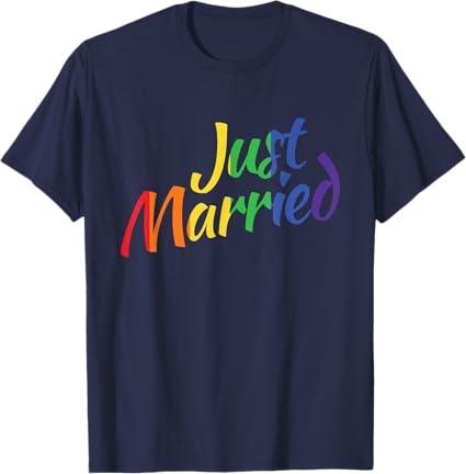 Just Married Gay Lesbian LGBT Wedding Rainbow LGBT T-Shirt, M