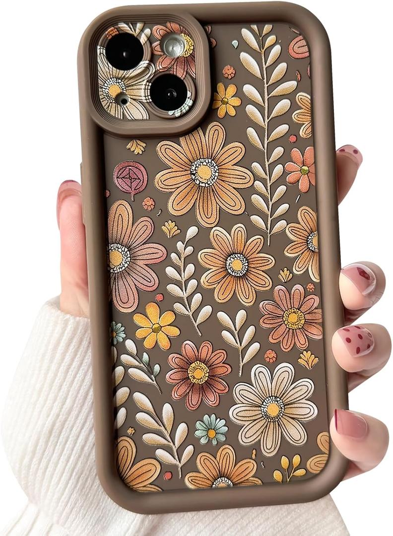 Lovmooful Compatible for iPhone 13 Case Aesthetic Cute Color Flower Floral Leaf Design for Girls Women Soft TPU Shockproof More Protective Girly for iPhone 13 Case-Brown