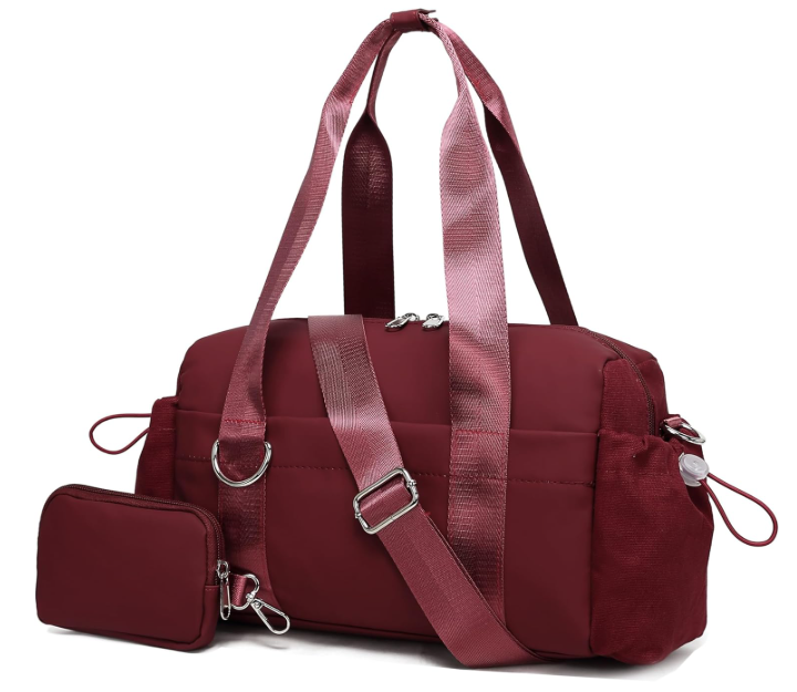 ERTUNA Everyday Mini Gym Bag for Women 2.0, Small Tote with Zipper Compartment Waterproof Travel Duffle Cute Handbag Workout Carry On with Removeable Shoulder Strap & Coin Wallet Easy to CleanWine