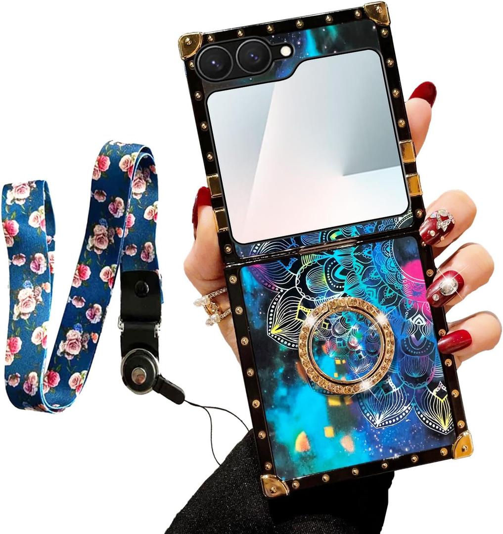 nancheng for Samsung Galaxy Z Flip 7 Phone Case Colorful Flower Petal Stars Sky Case with Diamond Ring Stand Strap Lanyard Shockproof Protection Cover