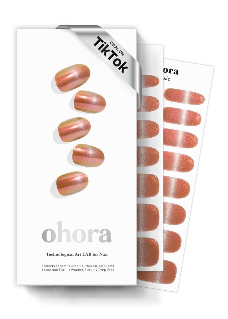 ohora Semi Cured Gel Nail Strips (N Golden Hour) - Works with Any Lamps, Salon-Quality, Long Lasting, Easy to Apply & Remove - Includes 2 Prep Pads, Nail File & Wooden Stick