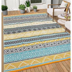 GlowSol Outdoor Rugs 9x18 Waterproof Portable Camping Carpet, Reversible Outdoor Plastic Straw Rug for Patio, RV Mat Bohemian Outdoor Rugs for Porch, Deck, Backyard, Balcony, Picnic,Yellow/Teal