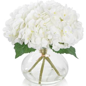 PISARRY Artificial Hydrangea Flowers with Glass Vase, White Silk Fake Floral Arrangement for Dining, Coffee Table Centerpieces Decoration, Aesthetic Faux Plants for Shelf, Bookshelf, Bathroom
