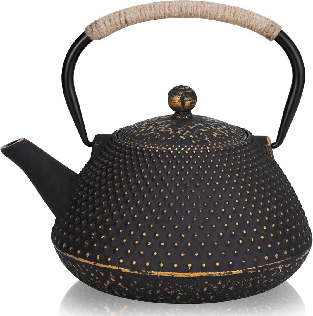 Cast Iron Teapot, 25 oz (750 ml) Japanese Tetsubin Tea Pot with Infuser for Stovetop Safe, Tea Kettle with Enameled Interior for Loose Leaf Tea and Tea Bags (Golden)