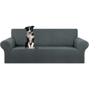 KEKUOU Stretch Oversized Sofa Slipcover 1 Piece Couch Sofa Cover (94"-110") Furniture Protector 4 Seater Sofa with Elastic Bottom for Kids,Pet.Jacquard Checked Pattern Fabric(X Large,Grey)