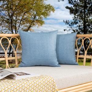 Kevin Textile Outdoor Waterproof Pillow Covers Pack of 2 Checkered Decorative Euro Sham Cushion Throw Pillowcases Shell for Patio Tent Garden Couch Bed Sofa 26x26 Inch Light Blue