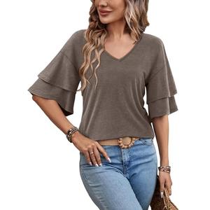 MixShe Womens V Neck Tops Short Sleeve Ruffle Sleeve Casual Summer Lightweight Blouses (Coffee, Small)