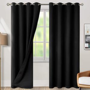 BGment Thermal Insulated 100% Blackout Curtains for Bedroom with Black Liner, Double Layer Full Room Darkening Noise Reducing Grommet Curtain (52 x 90 Inch, Black, 2 Panels)