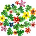 64Pcs Tropical Palm Leaves and Hawaii Flowers Cupcake Toppers Hawaii Theme Cake Decoration for Jungle Summer Party Birthday Wedding Cake Decor